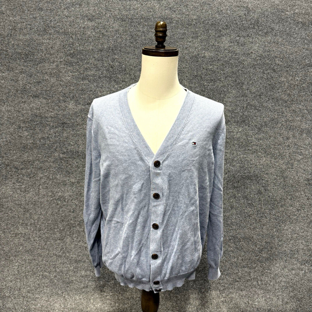Tommy Hilfiger Men’s Cardigan Sweater Gray Button Front V Neck Flag Logo